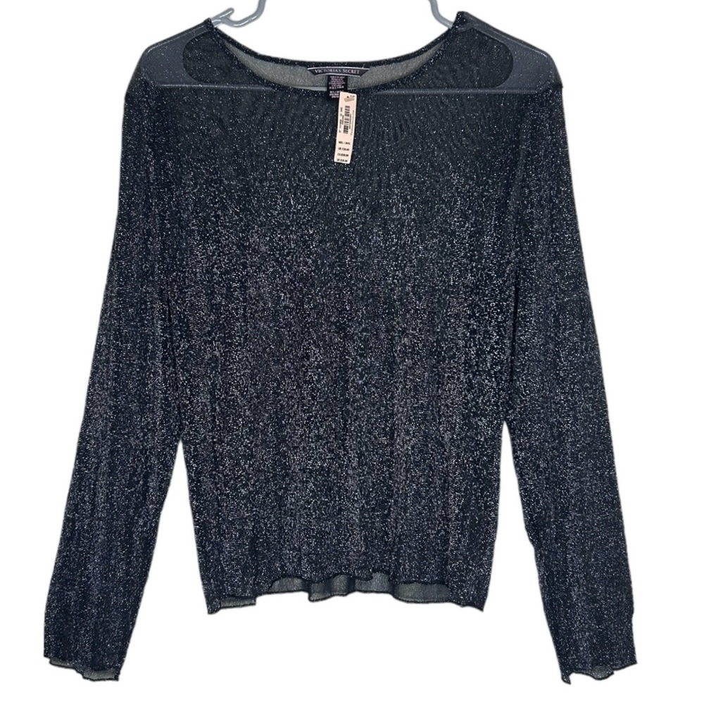 NWT Victoria's Secret Black Metallic Sheer Long Sleeve Top Size Medium/ Large - Picture 2 of 10